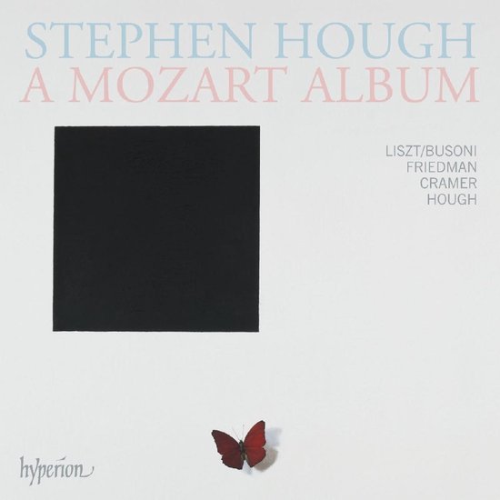 Couverture d'album avec le texte STEPHEN HOUGH A MOZART ALBUM. Un carré noir et un papillon rouge en bas.
