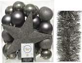Kerstversiering kunststof kerstballen 5-6-8 cm met ster piek en folieslingers pakket antraciet 35x stuks - Kerstboomversiering