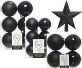 Kerstversiering kunststof kerstballen zwart 6-8-10 cm pakket van 45x stuks - Met een ster piek van 19 cm