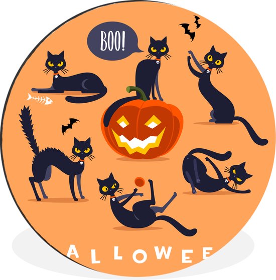 WallCircle - Wandcirkel - Muurcirkel - Verschillende zwarte katten als symbool voor Halloween in een illustratie - Aluminium - Dibond - ⌀ 60 cm - Binnen en Buiten