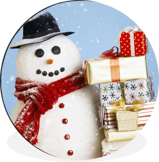 WallCircle - Wandcirkel - Muurcirkel - Een sneeuwpop met kerstcadeautjes - Aluminium - Dibond - ⌀ 30 cm - Binnen en Buiten