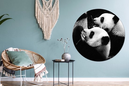 WallCircle - Stickers muraux - Cercle de papier peint - Pandas - Zwart - Wit - 120x120 cm - Cercle mural - Autocollant - Papier peint autocollant rond XXL