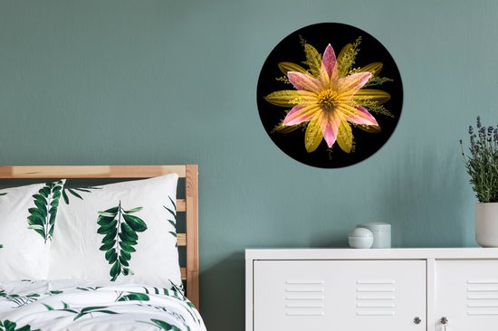 WallCircle - Stickers muraux - Cercle de papier peint - Une fleur jaune sur fond noir - 50x50 cm - Cercle mural - Autocollant - Sticker papier peint rond