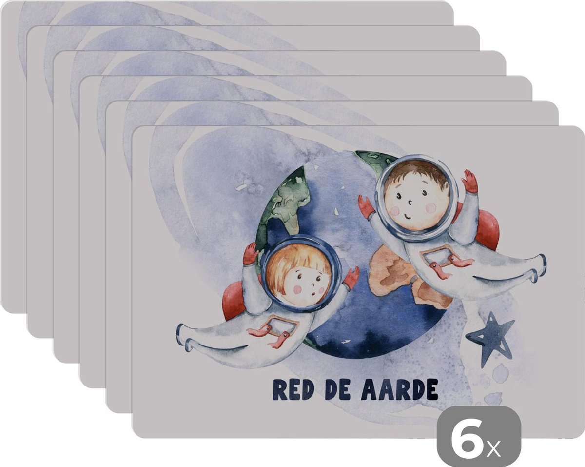 Placemat kinderen - Placemat - Placemats kunststof - Spreuken - 'Red de aarde' - Quotes - Jongens - Meisjes - Kinderen - Kids - 45x30 cm - 6 stuks - Hittebestendig - Anti-Slip - Onderlegger - Afneembaar