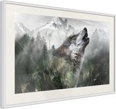 Ingelijste Poster - Huilende Wolf in de bergen, Witte lijst met passe-partout