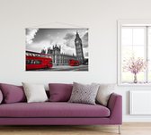 Rode bussen langs de Londen Big Ben in zwart en wit - Foto op Textielposter - 120 x 80 cm