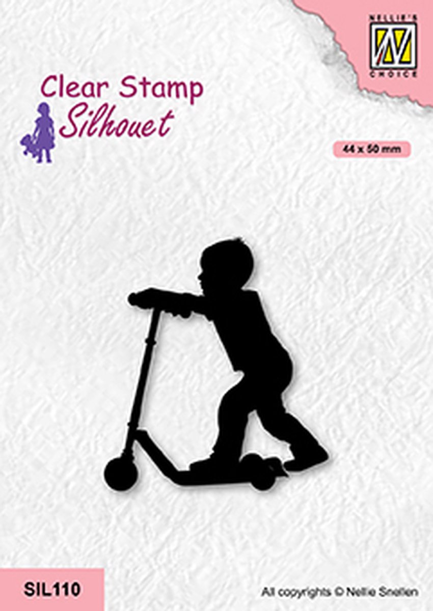 SIL110 Nellie Snellen clearstamp - Silhouette stamp boy with scooter - jongen op step - kind steppen