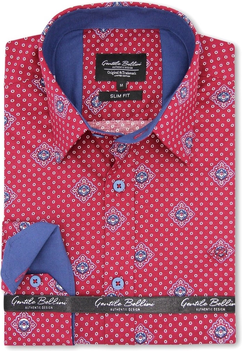Heren Overhemd - Slim Fit - Circle Dot Motief - Rood - Maat XL