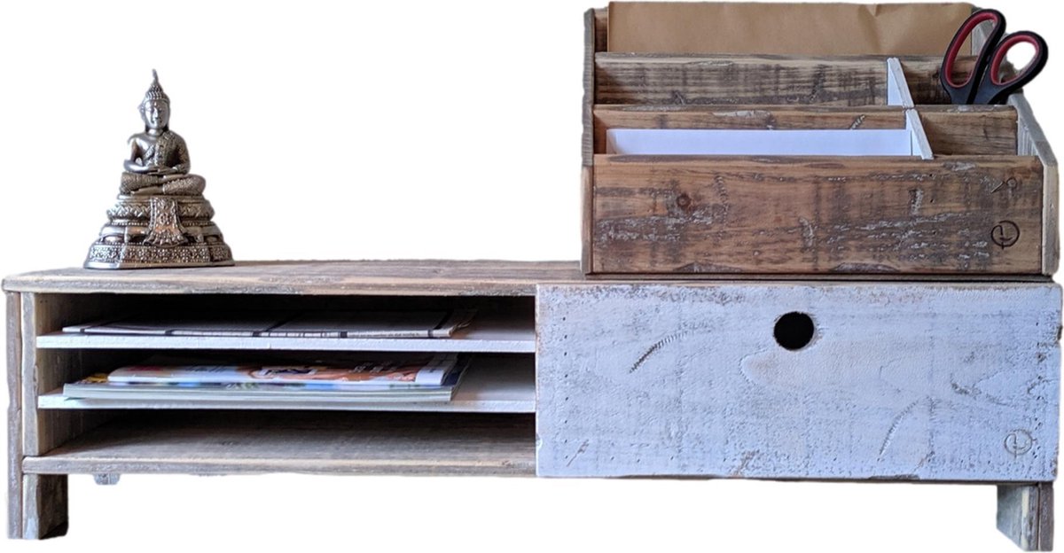 Bureau extensible blanc et bois avec colonne de rangement, tiroir et placard - R
