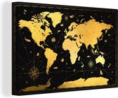 Wanddecoratie Wereldkaart - Goud - Zwart - Luxe - Canvas - 120x80 cm