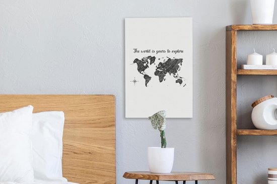 Décoration murale Carte du Wereldkaart - Citations - Zwart - Wit - Toile - 20x30 cm