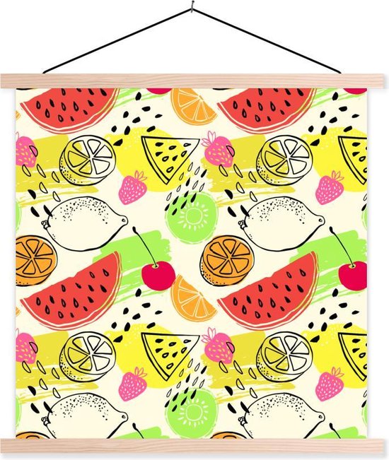 Posterhanger incl. Poster 60x60 cm - Schoolplaat - Watermeloen - Fruit - Patronen - Textielposter - Blanke latten