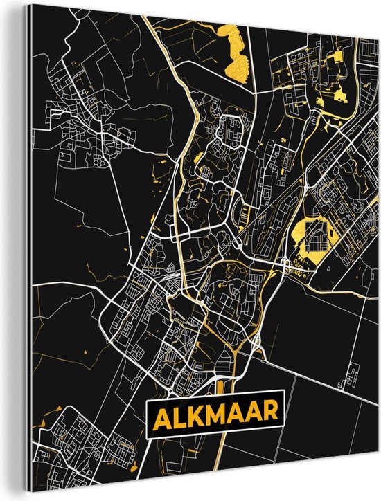 Wanddecoratie Metaal - Aluminium Schilderij Industrieel - Plattegrond - Alkmaar - Goud - Zwart - 90x90 cm - Dibond - Foto op aluminium - Industriële muurdecoratie - Voor de woonkamer/slaapkamer - Stadskaart