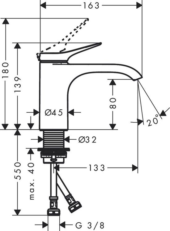 Technische tekening van een wastafelkraan met afmetingen.