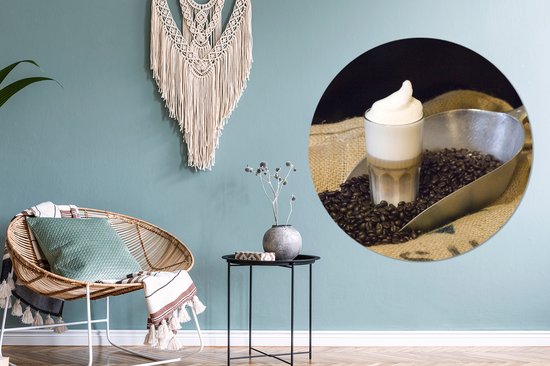 WallCircle - Wandcirkel ⌀ 120 - Latte macchiato met koffiebonen - Ronde schilderijen woonkamer - Wandbord rond - Muurdecoratie cirkel - Kamer decoratie binnen - Wanddecoratie muurcirkel - Woonaccessoires XXL