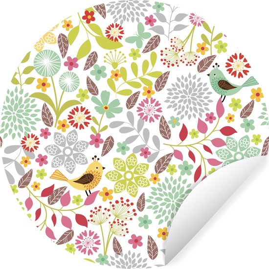 Illustration de conception florale avec des oiseaux Sticker mural cercle mural 100x100 cm / cercle papier peint / cercle mural / cercle vivant - auto-adhésif et découpe ronde