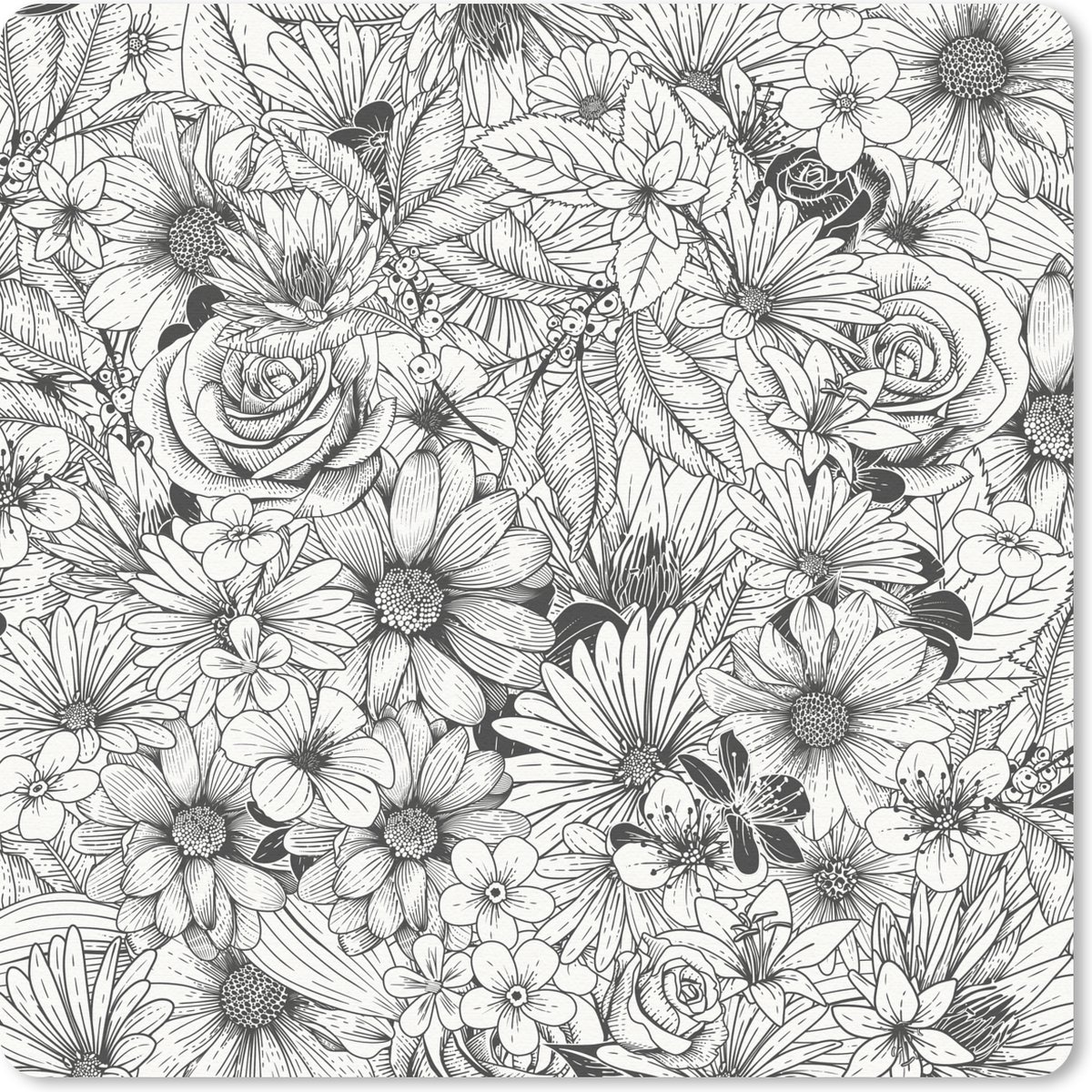 Muismat 30x30 cm - Mousepad Een zwart-wit illustratie van bloemdessin - Muismatten
