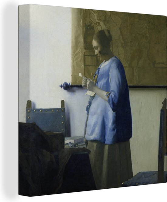Canvas Schilderij Brieflezende vrouw in het blauw - Johannes Vermeer - 90x90 cm - Wanddecoratie
