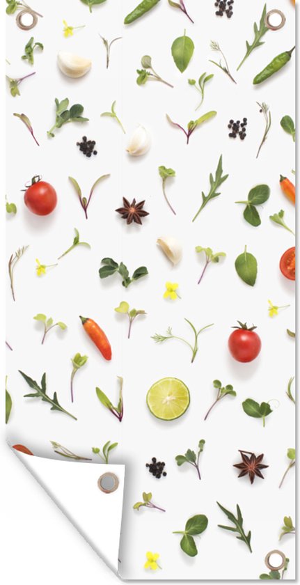 Wanddecoratie buiten Flat lay fruit, groente, specerijen en kruiden - 80x160 cm - Tuindoek - Buitenposter