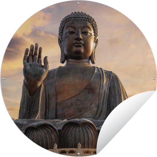 Tuincirkel Zonsondergang achter de Tian Tan Boeddha in Hongkong - Tuinposter