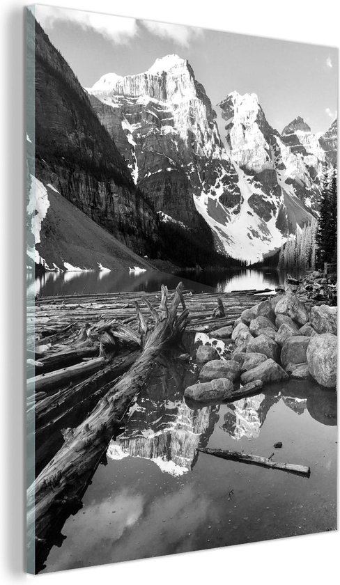 Peinture sur verre - Lac Moraine reflétant les montagnes au Canada - noir  et blanc -... | bol.com