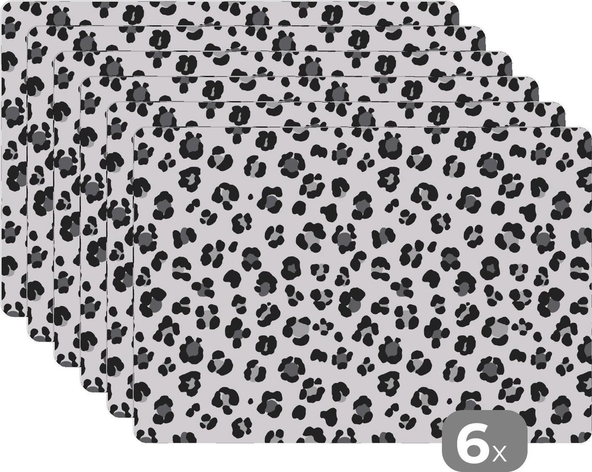 Placemat - Placemats kunststof - 45x30 cm - Dierenprint - Panter - Zwart - Grijs - 6 stuks - Borden onderleggers antislip - Tafel decoratie - Luxe tafelversiering - Tafelmat vinyl - Bord onderlegger - Tafeldecoratie accessoires