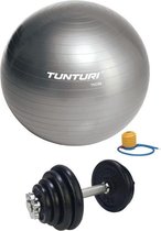 Tunturi - Fitness Set - Halterset 15 kg incl 1 Dumbbellstang  - Gymball Zilver 75 cm