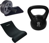Tunturi - Fitness Set - Kettlebell 8 kg - Fitnessmat 160 x 60 x 0,7 cm - Trainingswiel