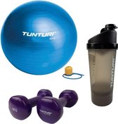 Tunturi - Fitness Set - Vinyl Dumbbell 2 x 1 kg - Gymball Blauw 90 cm - Shakebeker