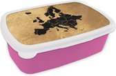 Broodtrommel Roze - Lunchbox - Brooddoos - Kaart Europa - Zwart - Goud - 18x12x6 cm - Kinderen - Meisje