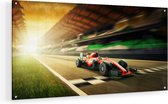Artaza Glasschilderij - Formule 1 Auto bij de Finish in het Rood - 80x40 - Plexiglas Schilderij - Foto op Glas