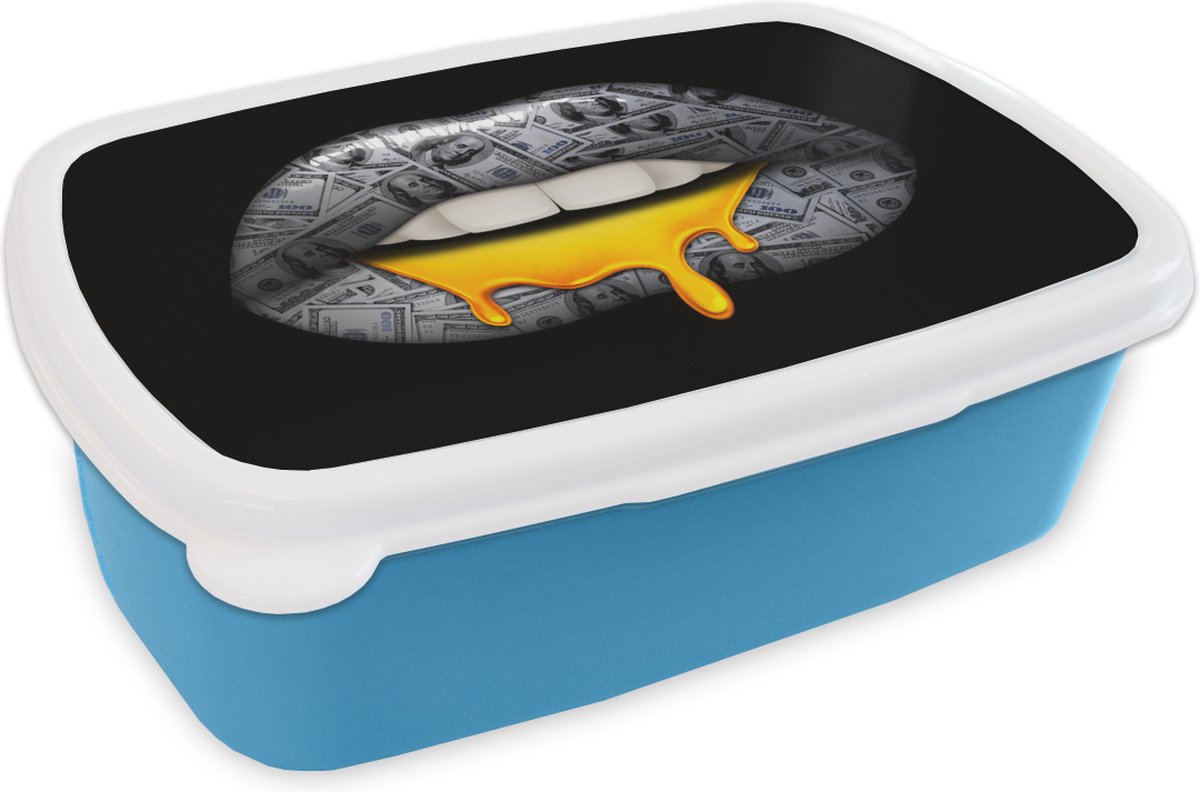 Broodtrommel Blauw - Lunchbox - Brooddoos - Lippen - Geld - Zwart Wit - 18x12x6 cm - Kinderen - Jongen