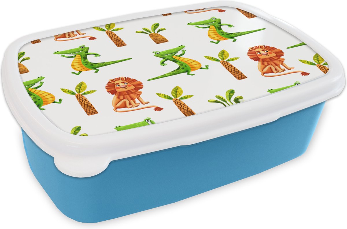 Broodtrommel Blauw - Lunchbox - Brooddoos - Jungle - Leeuw - Krokodil - 18x12x6 cm - Kinderen - Jongen