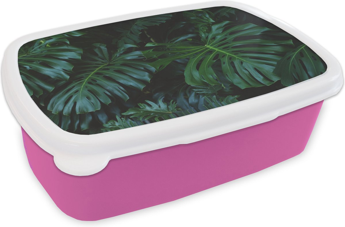Broodtrommel Roze - Lunchbox - Brooddoos - Jungle - Blad - Groen - 18x12x6 cm - Kinderen - Meisje