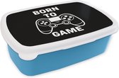 Broodtrommel Blauw - Lunchbox - Brooddoos - Gamen - Quotes - Controller - Born to game - Zwart - Wit - 18x12x6 cm - Kinderen - Jongen