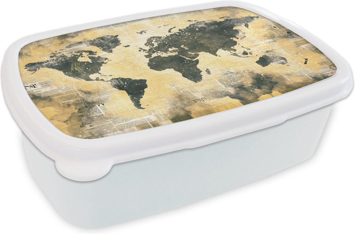 Broodtrommel Wit - Lunchbox - Brooddoos - Wereldkaart - Grijs - Krant - 18x12x6 cm - Volwassenen
