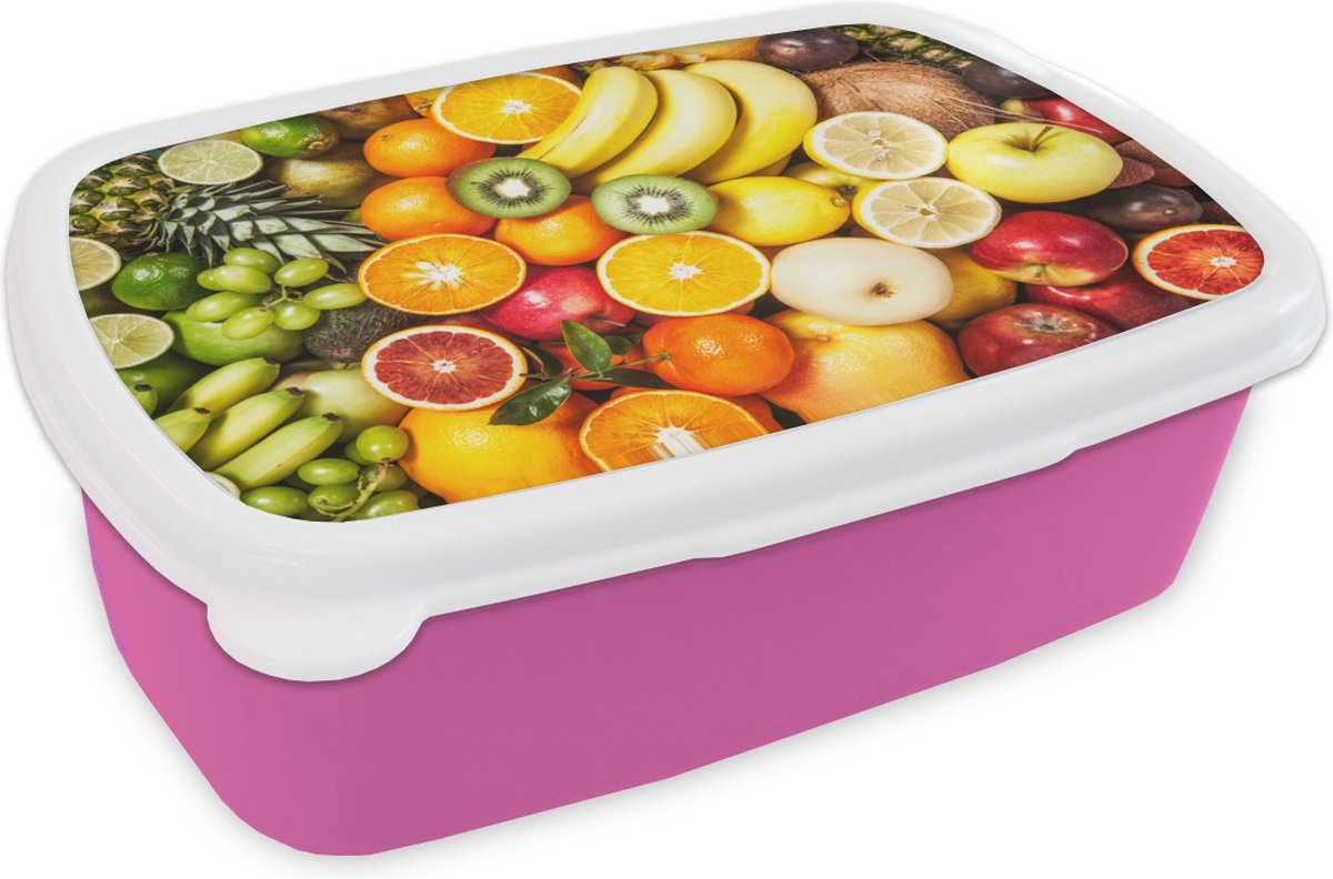 Broodtrommel Roze - Lunchbox - Brooddoos - Kiwi - Banaan - Fruit - 18x12x6 cm - Kinderen - Meisje
