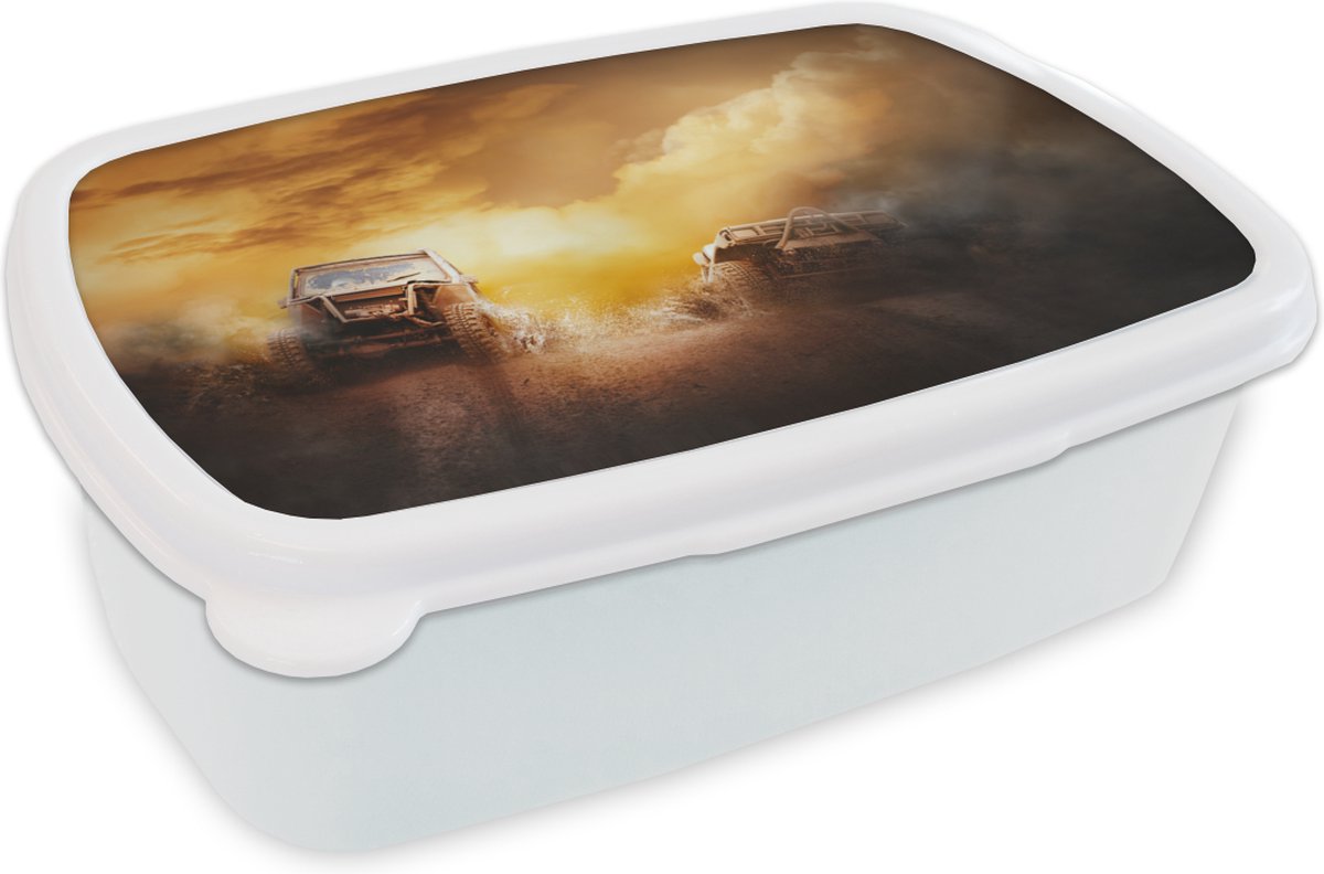 Broodtrommel Wit - Lunchbox - Brooddoos - Race - Auto - Modder - 18x12x6 cm - Volwassenen