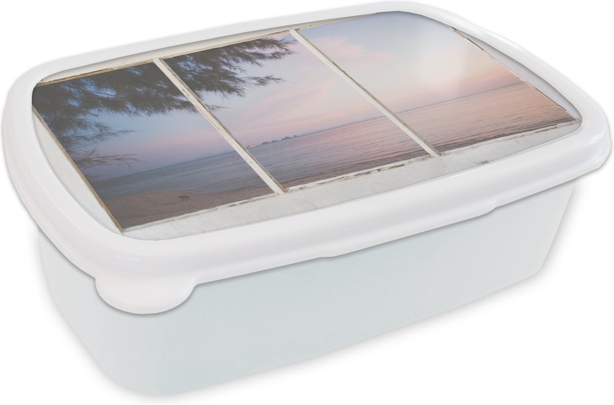 Broodtrommel Wit - Lunchbox - Brooddoos - Doorkijk - Palmboom - Zee - 18x12x6 cm - Volwassenen