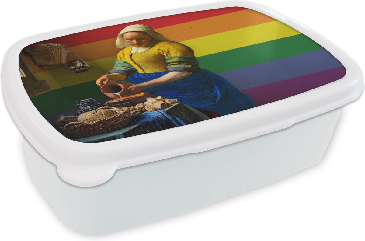Broodtrommel Wit - Lunchbox - Brooddoos - Melkmeisje - Vermeer - Pride - 18x12x6 cm - Volwassenen