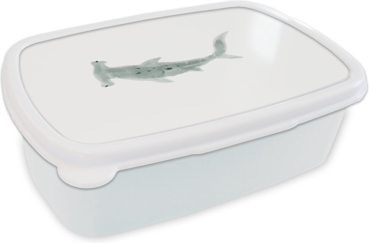 Broodtrommel Wit - Lunchbox - Brooddoos - Haai - Waterverf - Grijs - 18x12x6 cm - Volwassenen