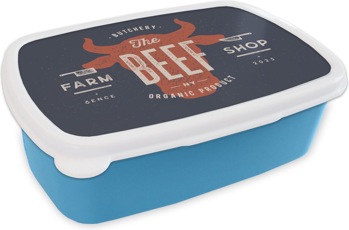 Broodtrommel Blauw - Lunchbox - Brooddoos - Koe - Tekening - Bruin - 18x12x6 cm - Kinderen - Jongen
