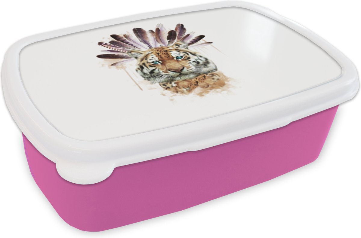 Broodtrommel Roze - Lunchbox - Brooddoos - Tijger - Kop - Veren - 18x12x6 cm - Kinderen - Meisje