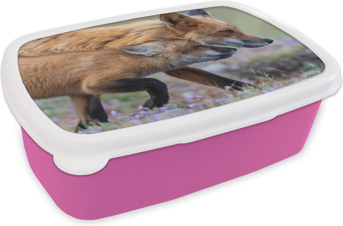 Broodtrommel Roze - Lunchbox - Brooddoos - Rode vos met jong - 18x12x6 cm - Kinderen - Meisje