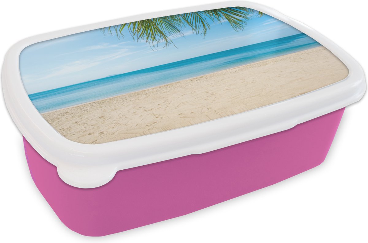 Broodtrommel Roze - Lunchbox - Brooddoos - Strand - Tropisch - Palm - 18x12x6 cm - Kinderen - Meisje