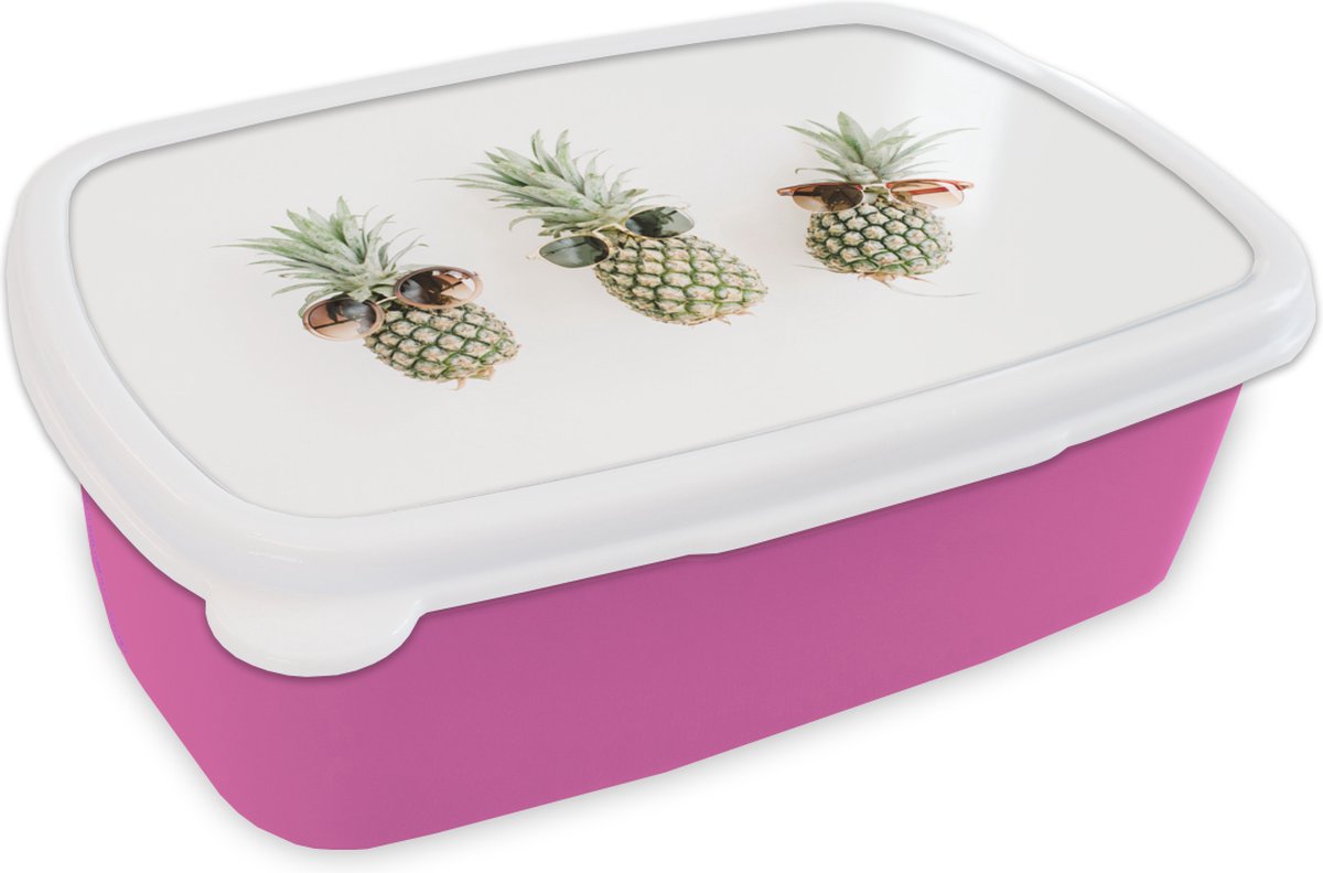 Broodtrommel Roze - Lunchbox - Brooddoos - Ananas - Tropisch - Zonnebril - 18x12x6 cm - Kinderen - Meisje