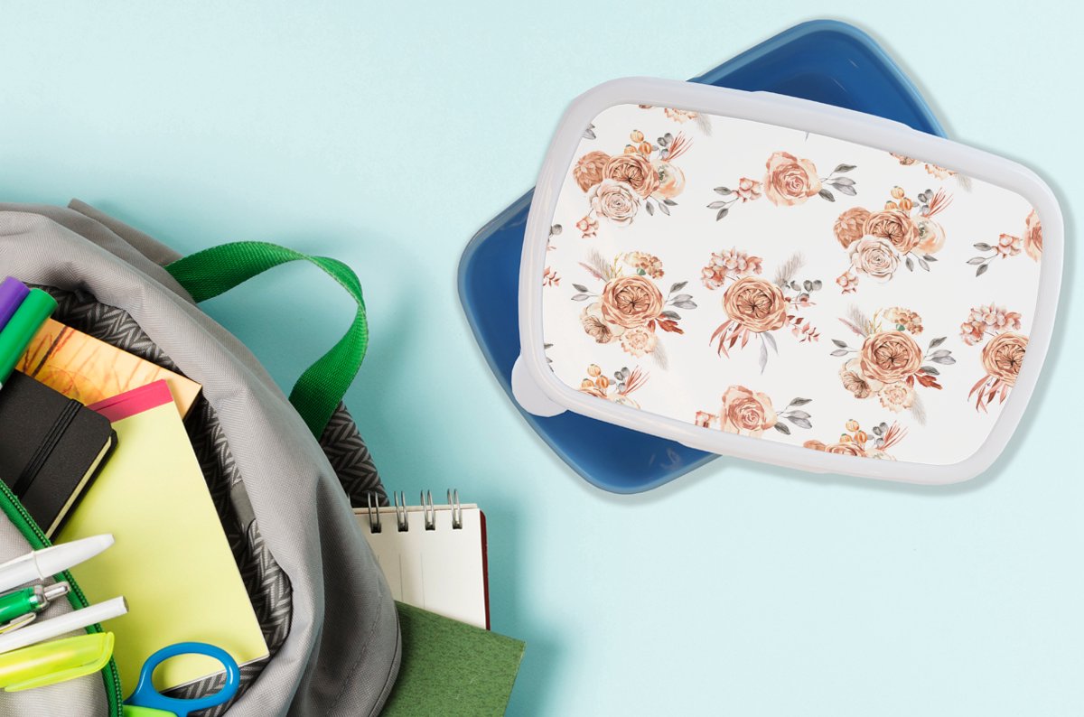 Broodtrommel Blauw - Lunchbox - Brooddoos - Rozen - Bohemian - Bruin - 18x12x6 cm - Kinderen - Jongen
