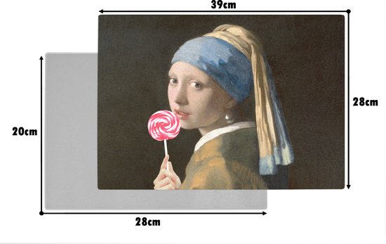 Glazen snijplank met afmetingen 39x28 cm, met het schilderij 'Meisje met de parel' van Vermeer dat een roze-wit gestreepte lolly vasthoudt.