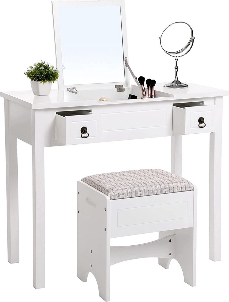 ML-Design Wand Kaptafel met kruk, kaptafel met spiegel en 6 planken, 110x75x48,5 cm, wit, moderne make-uptafel voor dames en meisjes, wandtafel make-up tafelkruk make-up spiegel