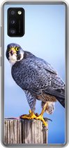 Geschikt voor Samsung Galaxy A41 hoesje - Close-up van een roofvogel op een dikke houten paal - Siliconen Telefoonhoesje